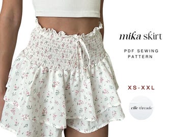 Ruffled Mini Skirt Sewing Pattern: Built-In Shorts, Shirred Waist (Digital PDF Download XS-XXL)