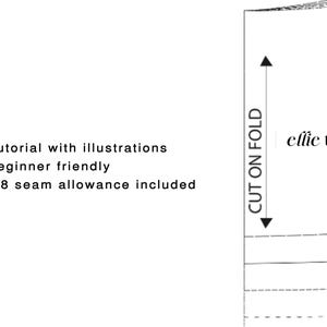 May include: A sewing pattern for a garment with instructions for cutting on the fold. The pattern includes sizes S, M, L, and XL. The pattern is for a beginner-friendly project and includes a 5/8 inch seam allowance. The pattern is from ellie threads.
