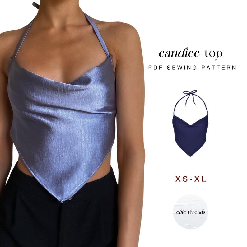Op de afbeelding: Een PDF-naaipatroon voor een haltertop genaamd "Candice Top". Het patroon is verkrijgbaar in de maten XS-XL. De afbeelding toont een model dat een blauwe versie van de top draagt.