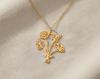 Gold Birthflower Bouquet Necklace • Dainty Floral Outline Pendant • Botanical Flower Jewelry Gift for Women