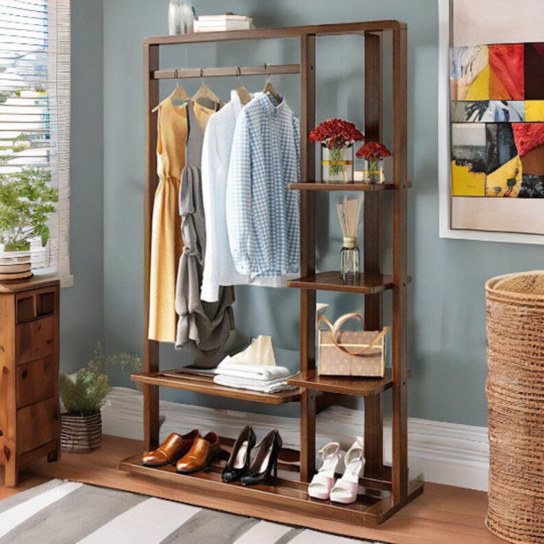 Rustic Industrial Wooden Garment Rack Rail Clothes Shoe Etsy UK