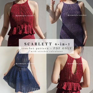 以下が含まれることがあります： ホルターネックトップ、ドレス、トップの2つのバリエーションの4つの編み物パターン。パターンはPDFダウンロードで入手可能で、ステッチ計算機が含まれています。パターンは赤、紫、青、赤で示されています。