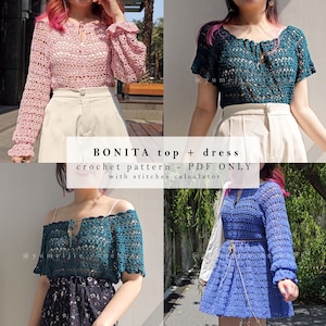 no-sew crochet pattern | Bonita top + dress / crochet puff sleeve / crochet dress /  crochet lace summer top / crochet yoke / top down
