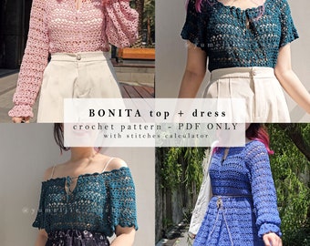 no-sew crochet pattern | Bonita top + dress / crochet puff sleeve / crochet dress /  crochet lace summer top / crochet yoke / top down