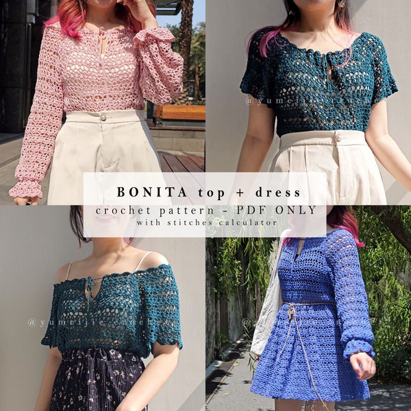no-sew crochet pattern | Bonita top + dress / crochet puff sleeve / crochet dress /  crochet lace summer top / crochet yoke / top down