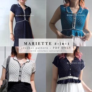 Könnte beinhalten: Ein Häkelmuster für ein 3-in-1 Mariette-Top, erhältlich als PDF-Download. Das Muster enthält einen Maschenrechner. Das Bild zeigt drei verschiedene Versionen des Tops: ein marineblaues Kleid, ein blaues Crop-Top und ein weißes Crop-Top.