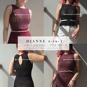Könnte beinhalten: Vier Bilder zeigen gehäkelte Oberteile und Kleider in Burgunderrot und Schwarz mit Lochmustern. Der Text "DIANNE 4-in-1 crochet pattern - PDF ONLY with stitches calculator" ist überlagert. Der Instagram-Handle @yumeijie.crochet ist ebenfalls sichtbar.