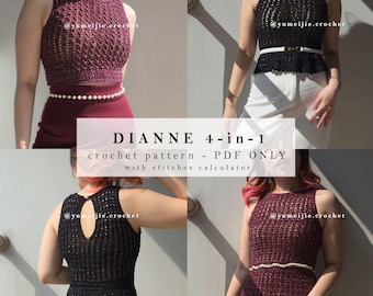Dianne 4-in-1 (Detailed PDF Crochet Pattern with pictures): Classy Sleeveless Top with closed back, a-line Dress, Peplum, bodycon, slit