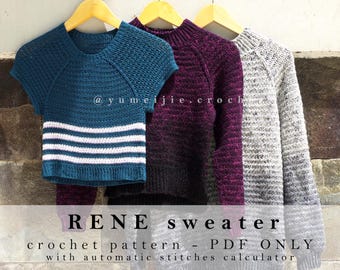 Può includere: Tre maglioni all'uncinetto in verde acqua, viola e grigio sono appesi a grucce di legno. Il maglione verde acqua è un crop top con strisce bianche. L'immagine include il testo "RENE sweater crochet pattern - PDF ONLY with automatic stitches calculator."