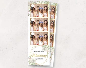 Modelo para cabine de fotos de casamento | Moldura geométrica dourada com rosas | Sobreposição para cabine de fotos | Download instantâneo em PNG e PSD | Tira 2x6