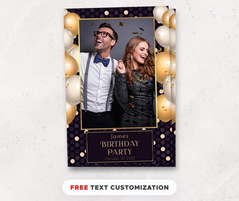 Elegant Birthday Photo Booth Template | Luxury Black & Gold Party Photobooth Overlay | PNG, PSD Instant Download