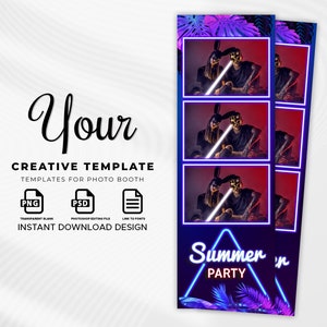 Party Photo booth Template, Neon Party Photo Booth Template, Photo Booth Template Neon, 2x6 strip, Neon Floral photobooth templates, Summer