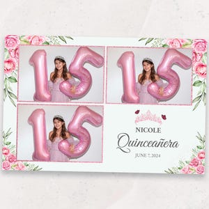 Quinceanera Photo Booth Template | Sweet 15 Birthday Photobooth Frame | Pink Floral 4x6 PSD Template | Elegant XV Party Overlay | Rose Gold