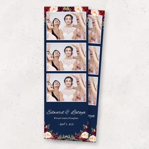 Photobooth Template | Navy Floral Wedding Photo Booth Template | 2x6 Strip Layout | Bridal Shower