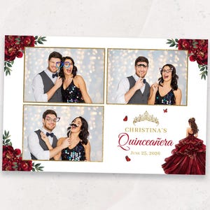 キンセアニェーラ フォトブース テンプレート | スイート16 フォトブース テンプレート | 赤いマルメロ | 4x6 フォトブース テンプレート | 赤と金の花 | ティアラ