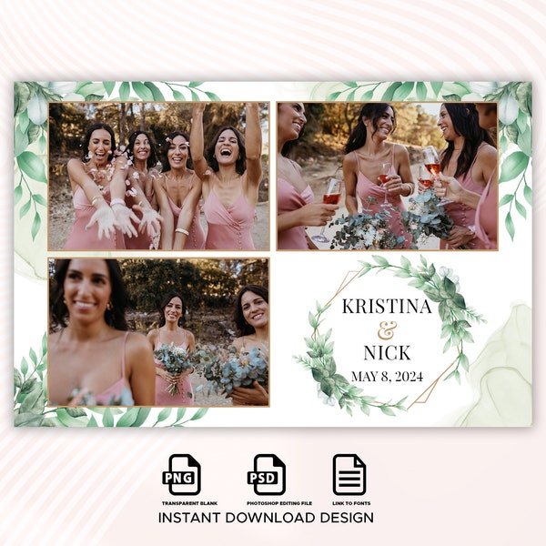 Wedding Photo booth Template, Leaf Photo Booth Template, Photo Booth Template Wedding, 4x6, Elegant Watercolor Green Leaves