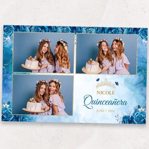 Quinceañera Photo Booth Template | Blue Floral Sweet 15 Photobooth Frame | Elegant XV Birthday Overlay | 4x6 PSD Template | Sweet 16 Overlay