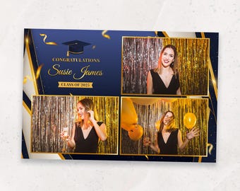 Graduation Photo Booth Template | Photobooth Template | Class of 2025 | Navy Blue & Gold Grad Party Overlay | 4x6 | Grad Cap | Senior Nights