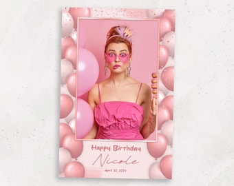 Photobooth Template | Pink Birthday Photo Booth Template | Glamorous 4x6 Photobooth Template | Elegant Party Overlay | Birthday | Balloons