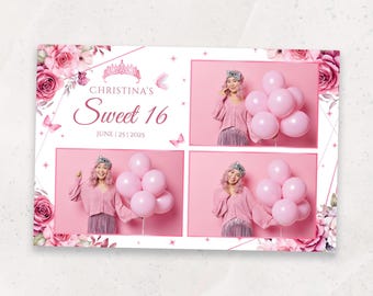 Sweet 16 Photo Booth Template: 4x6 Photobooth Overlay, Pink Flowers, Tiara, Butterflies