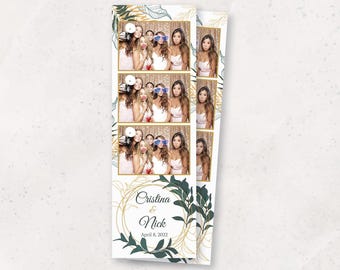 Modelo minimalista para cabine de fotos de casamento com tema de folhas | Moldura elegante com folhagens e detalhes dourados | Sobreposição para cabine de fotos em formato de tira 2x6 | Download instantâneo em PNG e PSD