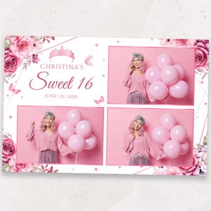 Sweet 16 Photo Booth Template | Pink Floral 4x6 Photobooth Template | Elegant Birthday Overlay | Quinceanera Photobooth Overlay