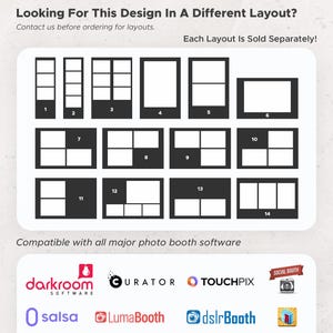 The image is a collage of various layout designs, each with a different number of frames or sections. The layouts are sold separately, and the image includes logos and descriptions of the layouts.