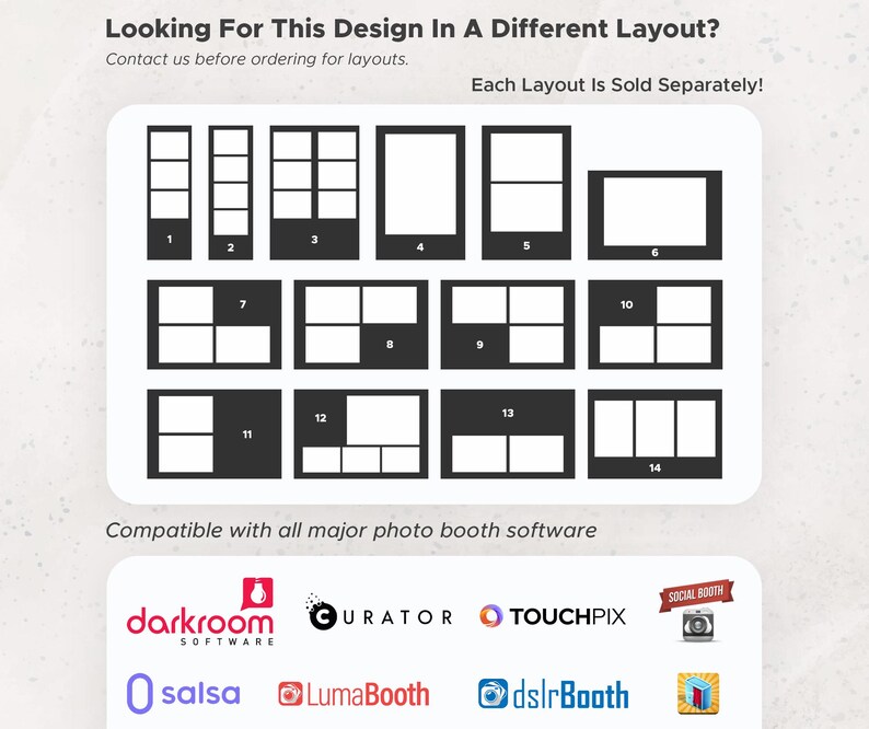 The image is a collage of various layout designs, each with a different number of frames or sections. The layouts are sold separately, and the image includes logos and descriptions of the layouts.