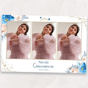 Quinceanera Photobooth Template | Blue & Gold 4x6 Mirror Photo Booth Overlay | Elegant Sweet 16 Birthday Overlay | PSD Instant Download