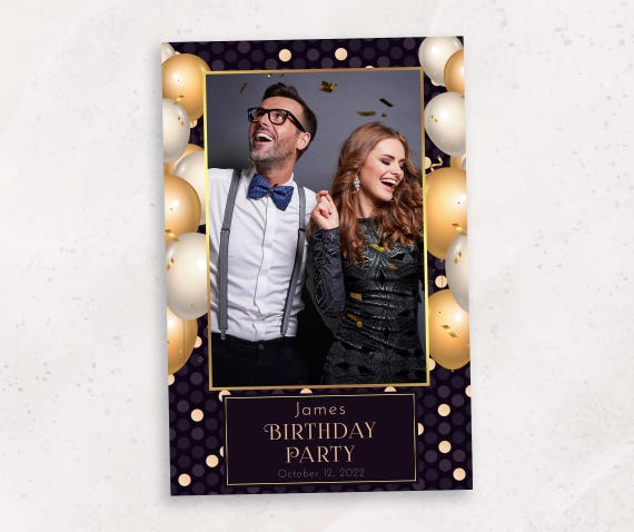 Elegant Birthday Photo Booth Template | Luxury Black & Gold Party Photobooth Overlay | PNG, PSD Instant Download