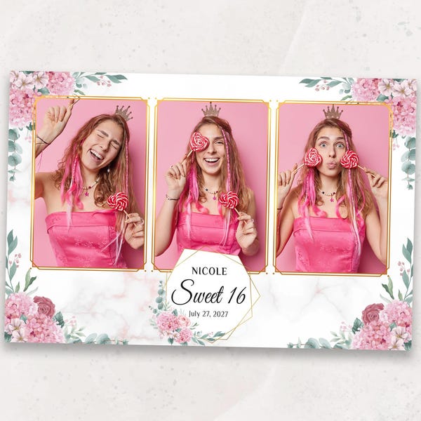 Photobooth Template | Sweet 16 Photo Booth Template | 4x6 Mirror Photobooth Overlay | Pink Birthday Template | PNG, PSD Instant Download