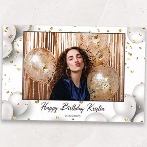 Geburtstag Photobooth Vorlage | Gold Konfetti weiße Luftballons Fotostand Vorlage | 4x6 Geburtstag Overlay | PNG, PSD Sofort-Download