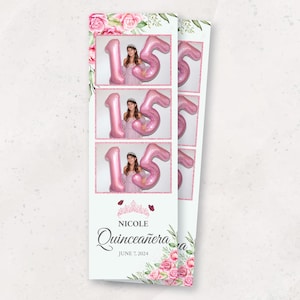 Quinceanera Photo Booth Template | Sweet 15 Birthday Photobooth Frame | Pink Floral 2x6 PSD Template | Sweet 16 Party Overlay | Rose Gold