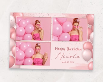 Photobooth Template | Pink Birthday Photo Booth Template | Glamorous 4x6 Photobooth Template | Elegant Party Overlay | Birthday | Balloons