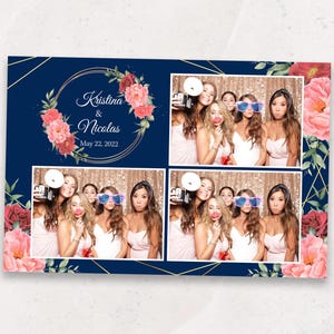 Wedding Photobooth Template | Pink Peonies | 4x6 Photo Booth Overlay | Elegant Navy Floral Photo Booth Template | PNG, PSD Instant Download