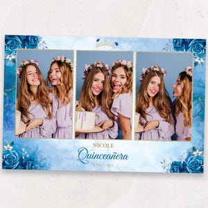 Quinceañera Photo Booth Template | Blue Floral Sweet 15 Photobooth Frame | Elegant XV Birthday Overlay | 4x6 PSD Template | Sweet 16 Overlay