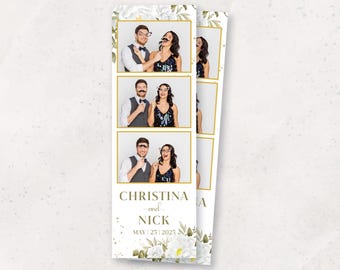 Mall för bröllopsfotoautomat | Vita blommor | Elegant vit och guldfärgad mall för bröllopsfotoautomat | 2x6 fotoautomatsöverlägg | Möhippa