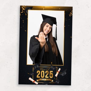 Graduation Photo Booth Template | Photobooth Template | Class of 2025 | Black and Gold Grad Party Overlay | Prom Party | 4x6 | Grad Cap