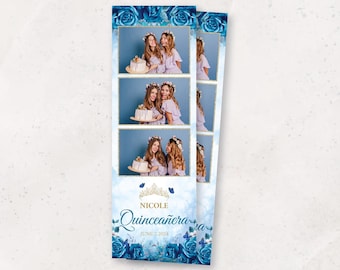 Quinceañera Photo Booth Template | Blue Floral Sweet 15 Photobooth Frame | Elegant XV Birthday Overlay | 2x6 PSD Template | Sweet 16 Overlay