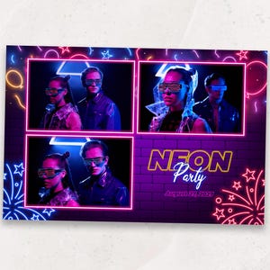 Neon Glow Photo Booth Template | Neon Party Photobooth Template | Glowing Neon Birthday | 4x6 Photobooth Overlay | PNG, PSD Instant Download