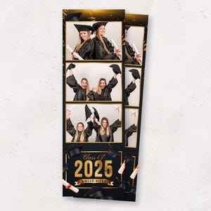 Sjabloon fotohokje afstuderen | Photobooth-sjabloon | Klasse van 2025 | Feestoverlay zwart en goud | Schoolfeest | 2x6 | Afgestudeerde pet