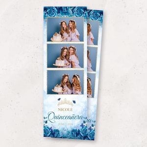 Quinceañera Photo Booth Template | Blue Floral Sweet 15 Photobooth Frame | Elegant XV Birthday Overlay | 2x6 PSD Template | Sweet 16 Overlay