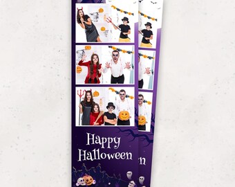 Halloween Photobooth-sjabloon | Paarse spookachtige overlay fotohokje | 2x6 stroken | Schedels Pompoenen | Leuk kerkhof | PNG PSD direct downloaden