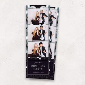 Plantilla para fotomatón de cumpleaños / Superposición de lujo en negro y plateado / Aniversario / Globo plateado / 2x6 / Descarga instantánea PNG, PSD