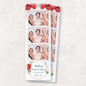Plantilla para fotomatón de boda / Elegante plantilla floral para fotomatón / Superposición para fotomatón / Tira de 2x6 / Románticas rosas rojas y blancas