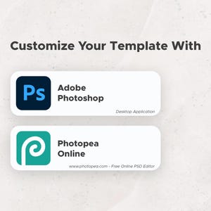 two application icons for Adobe Photoshop and Photopea Online, along with a message that encourages customizing a template using these applications.