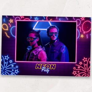 Neon Glow Photo Booth Template | Neon Party Photobooth Template | Glowing Neon Birthday | 4x6 Photobooth Overlay | PNG, PSD Instant Download
