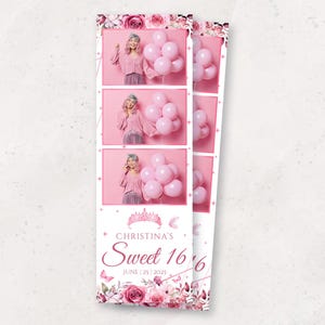 Sweet 16 Photo Booth Strip Template | Pink Floral 2x6 Photobooth Template | Elegant Birthday Overlay | Quinceanera Photobooth Overlay