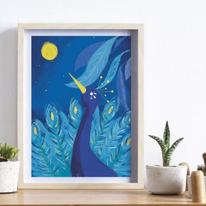 Póster pavo real, azul medianoche, formato A3, edición limitada. Decoración de paredes. Cartel poético.