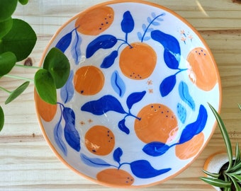 Sur commande > saladier Orange céramique, feuilles bleues ou vertes